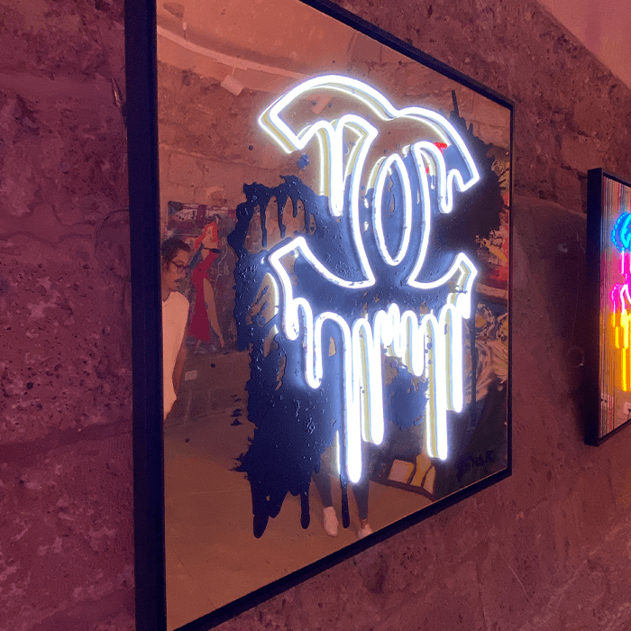 White Dripping Chanel on Gold Mirror