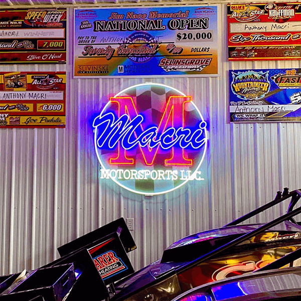 Blue & red Macri Motorsports business neon sign